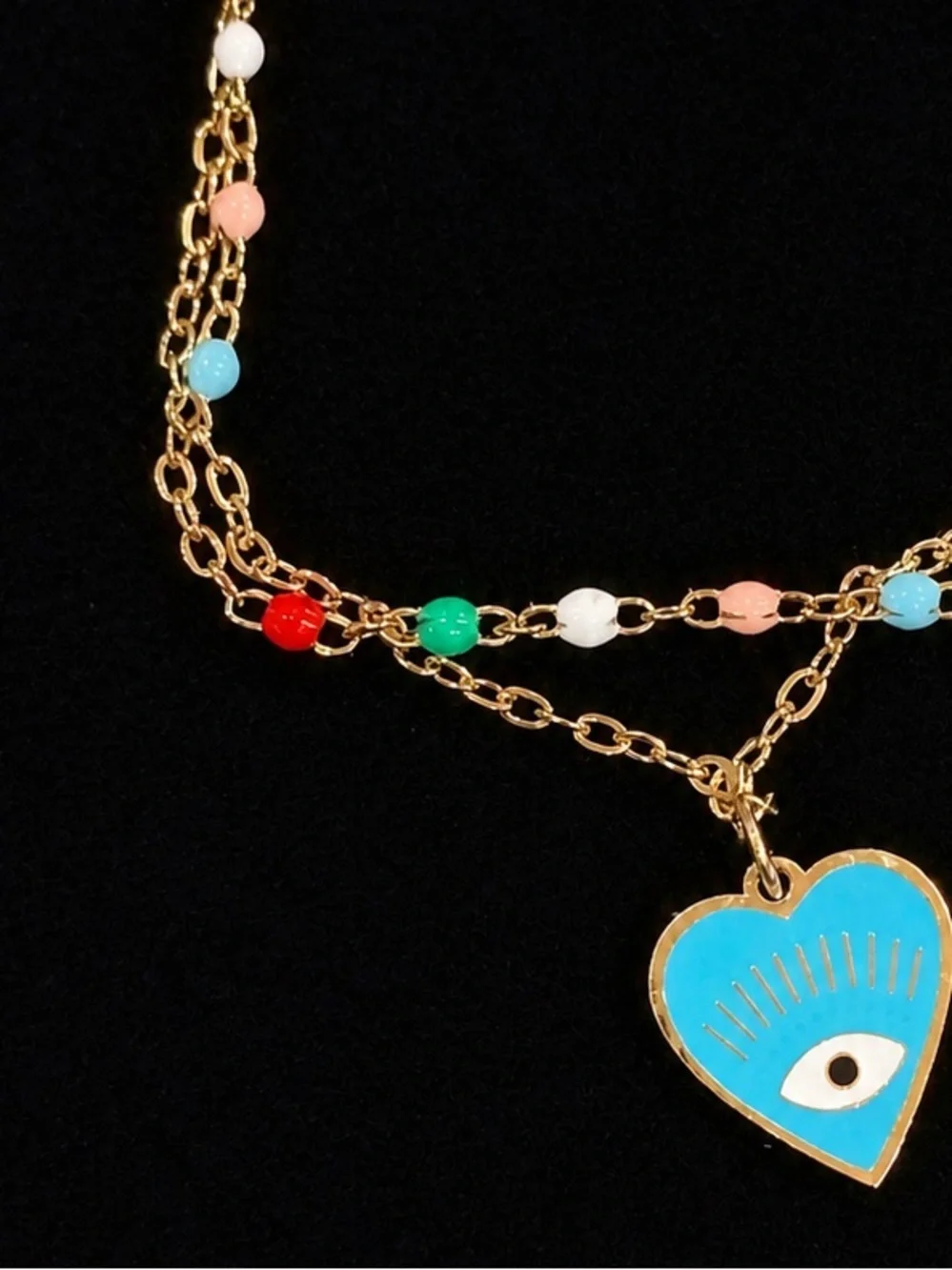 Evil eye Gold-Tone Heart Pendant bracelet with Blue Eye and Beads IN BOX